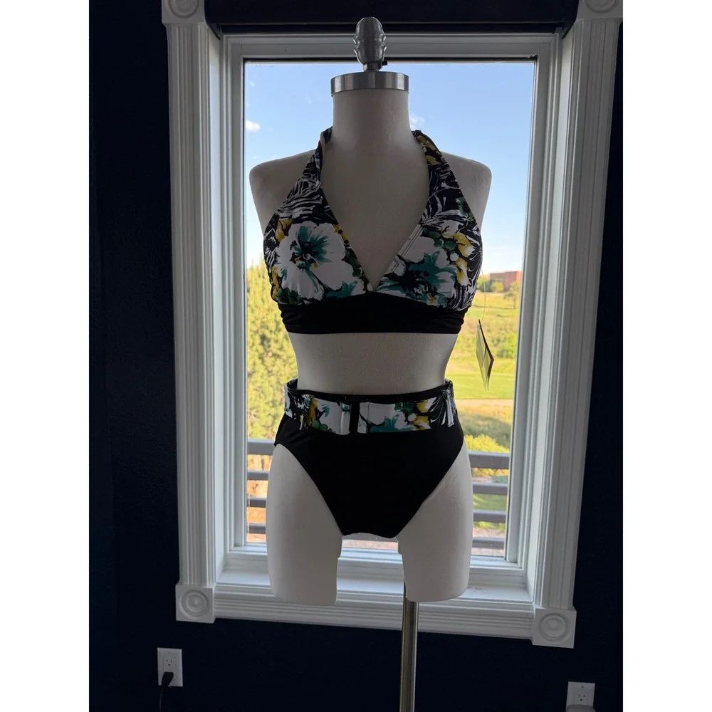 Newport News Swim Womens Floral Halter Bikini Set Belted High Waist Black 10 NEW
